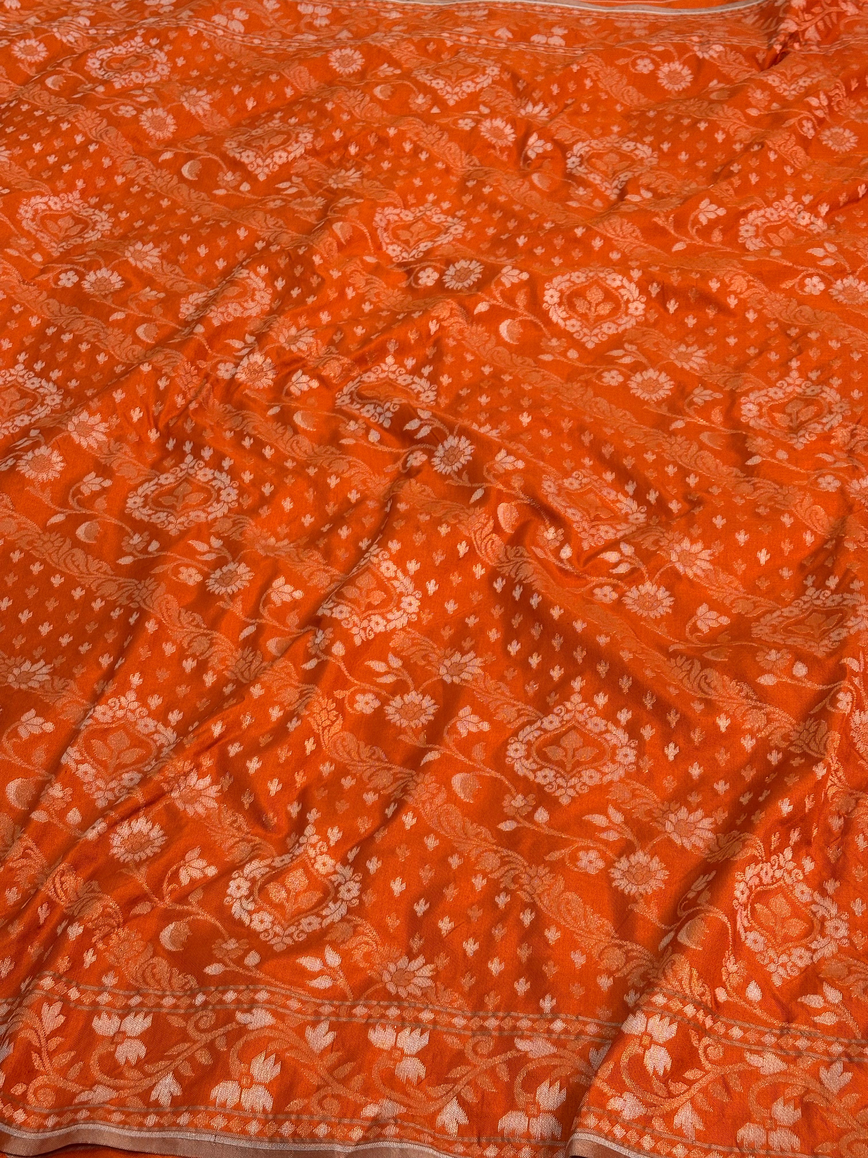 Orange Banarasi Handwoven Pure Katan Silk Iktara Jamdani Saree