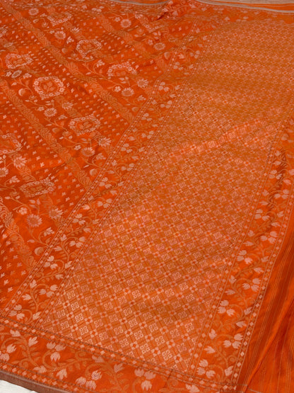 Orange Banarasi Handwoven Pure Katan Silk Iktara Jamdani Saree