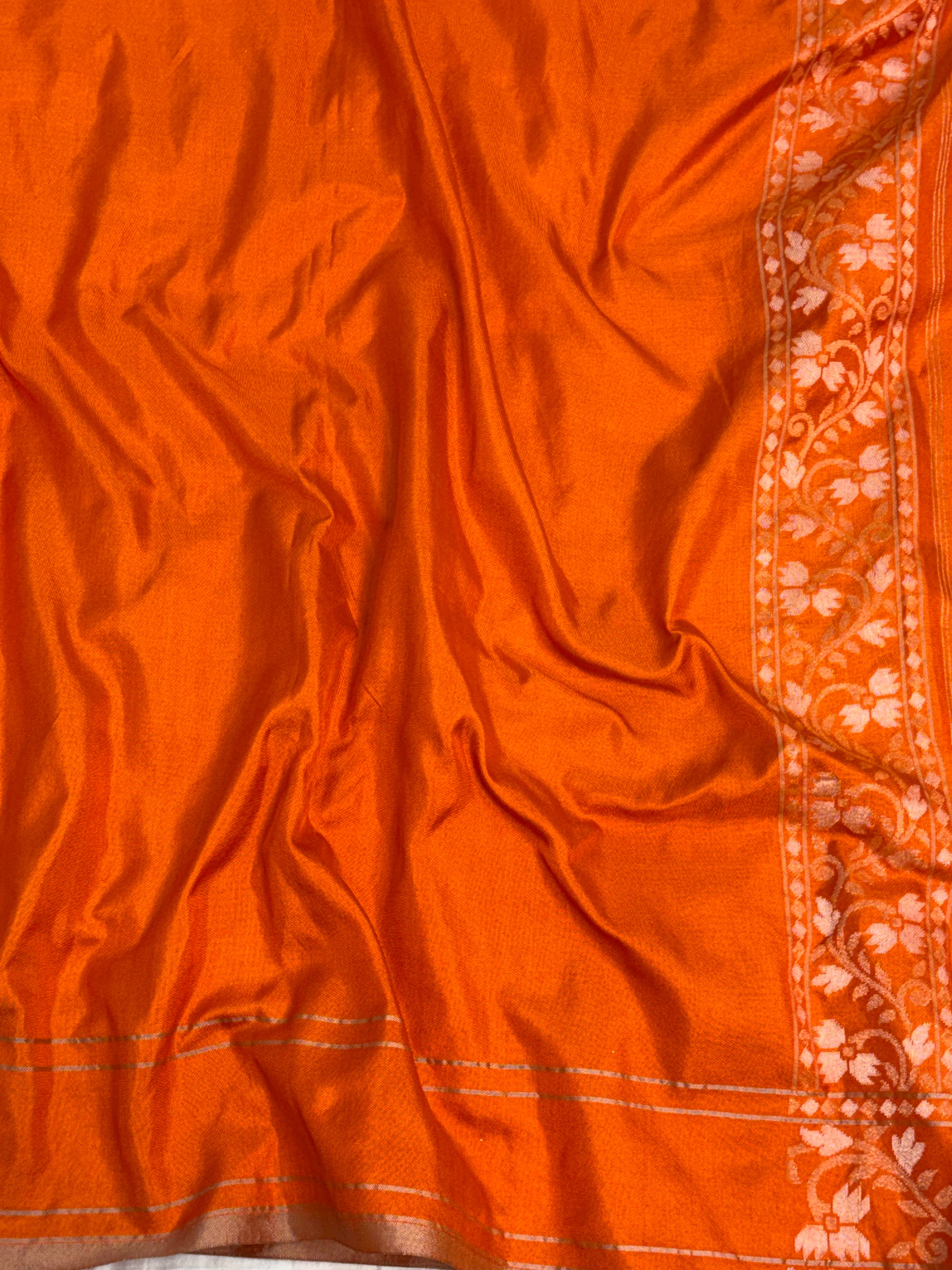 Orange Banarasi Handwoven Pure Katan Silk Iktara Jamdani Saree
