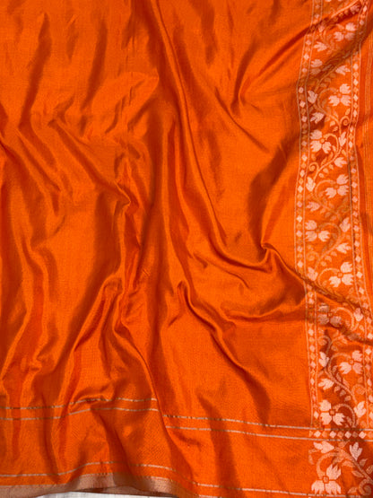 Orange Banarasi Handwoven Pure Katan Silk Iktara Jamdani Saree