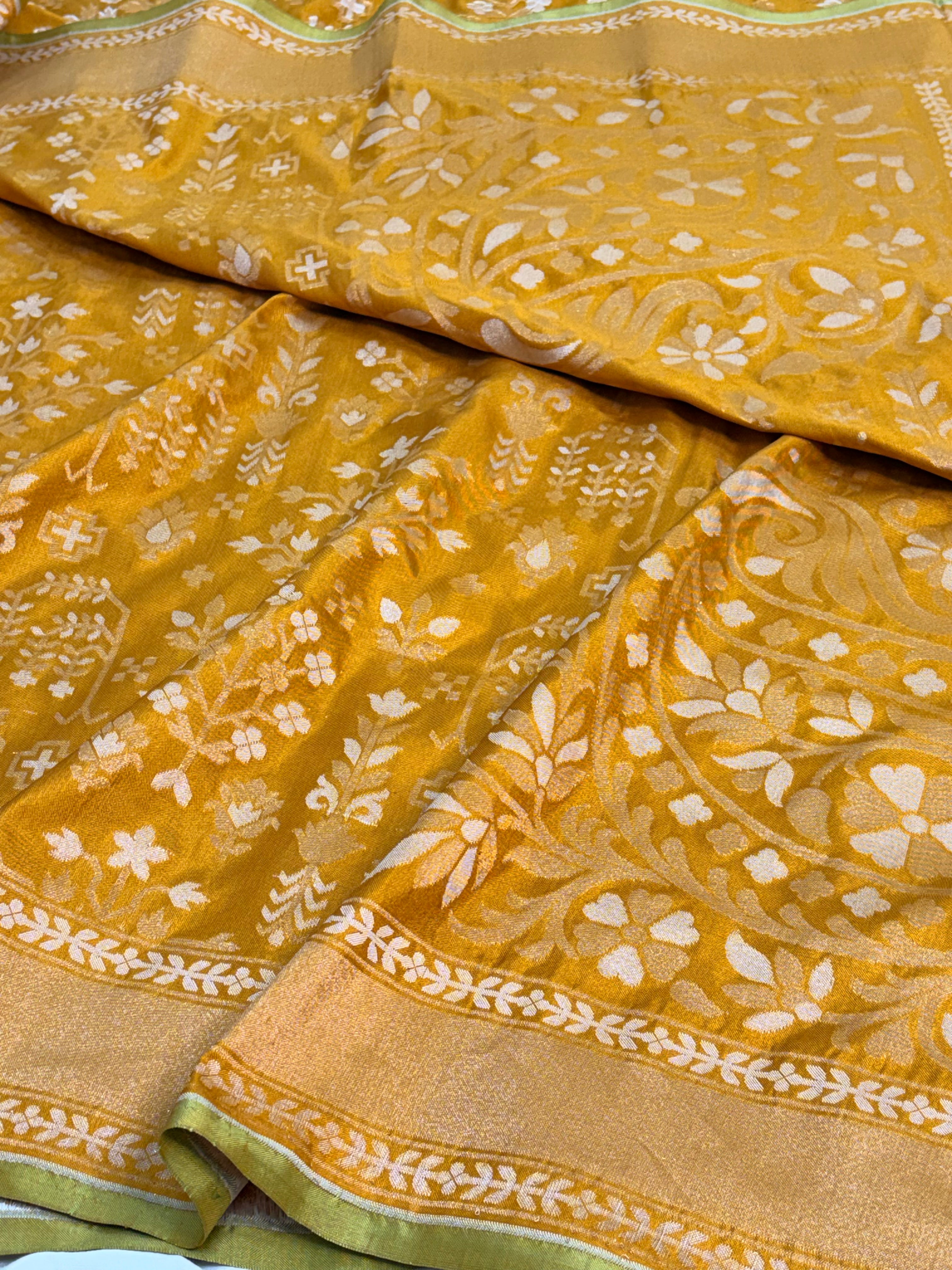 Mustard Yellow Banarasi Pure Katan Silk Iktara Jamdani Saree