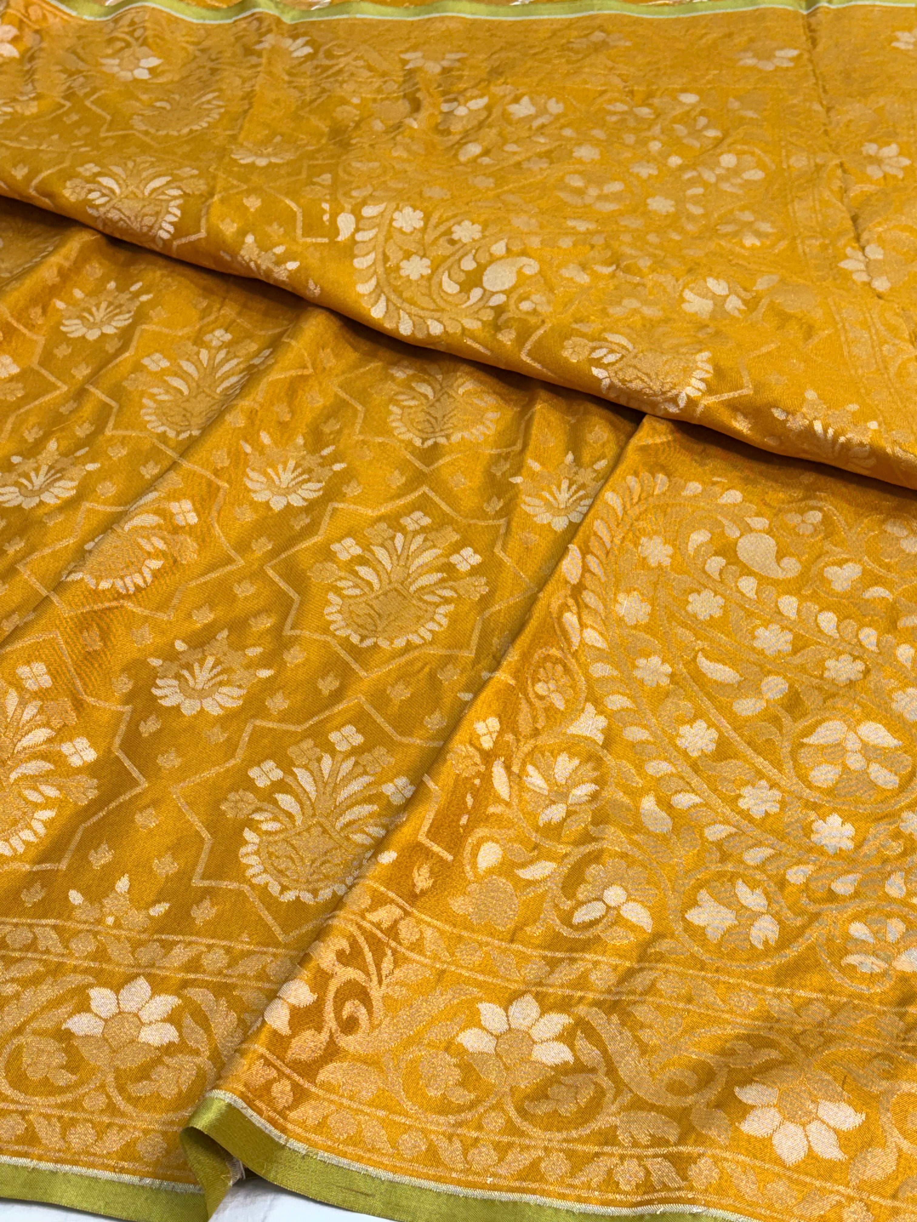 Yellow Banarasi Handwoven Pure Katan Silk Iktara Jamdani Saree