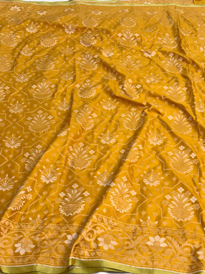 Yellow Banarasi Handwoven Pure Katan Silk Iktara Jamdani Saree