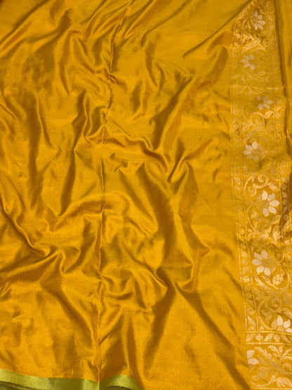 Yellow Banarasi Handwoven Pure Katan Silk Iktara Jamdani Saree