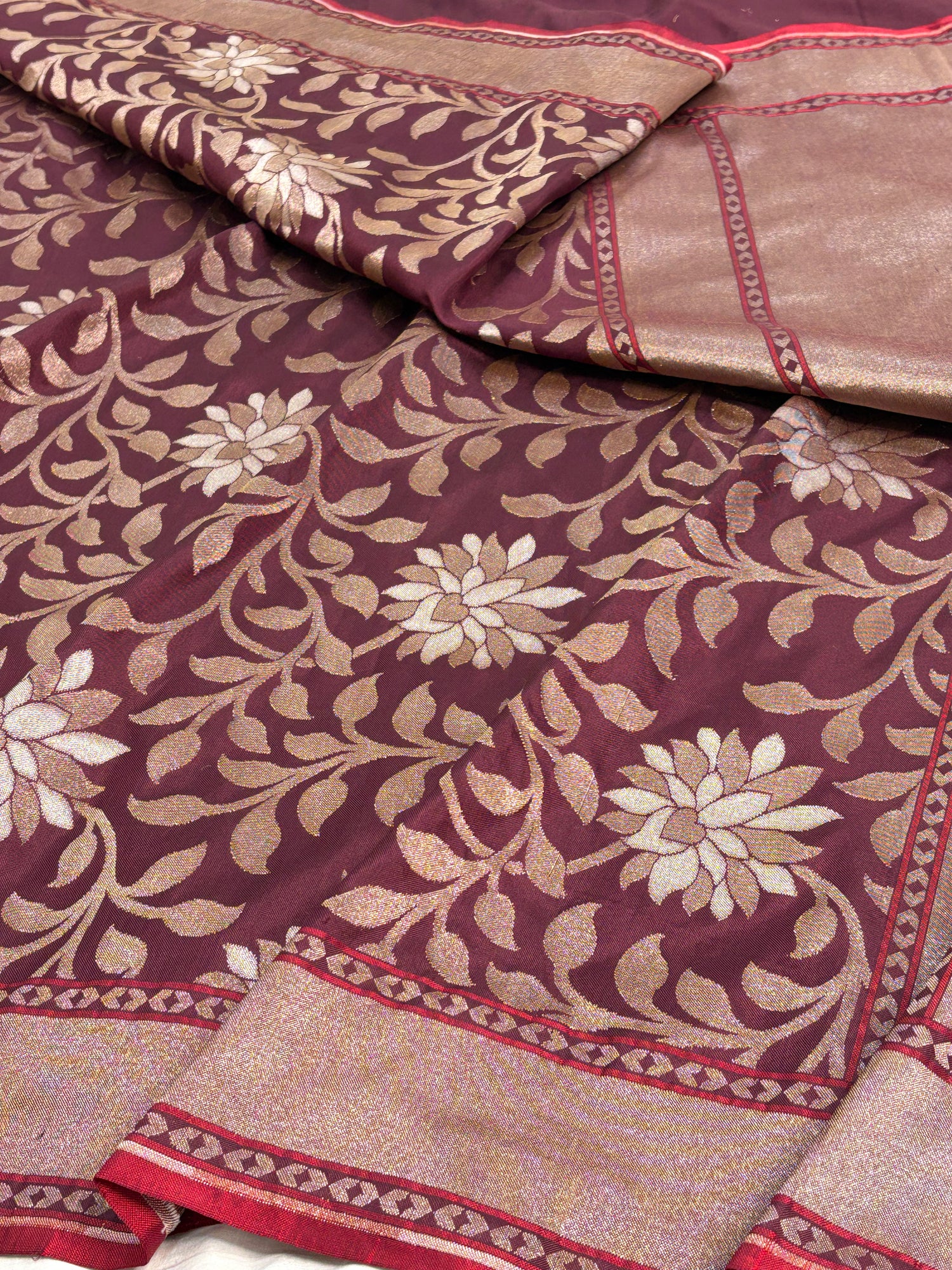 Wine Banarasi Pure Katan Silk Iktara Jamdani Saree