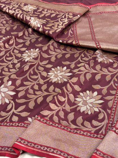 Wine Banarasi Pure Katan Silk Iktara Jamdani Saree