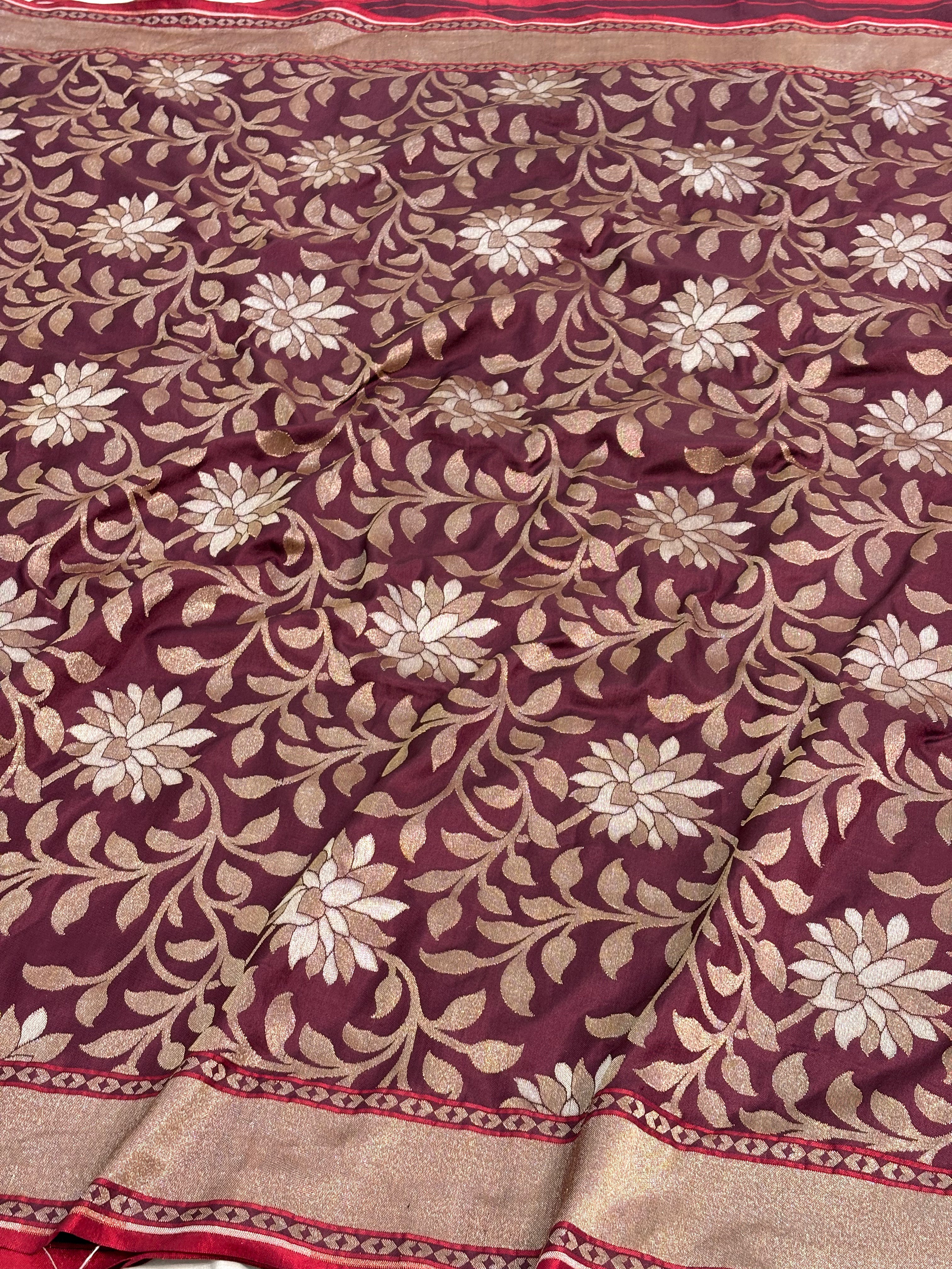 Wine Banarasi Pure Katan Silk Iktara Jamdani Saree