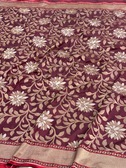 Wine Banarasi Pure Katan Silk Iktara Jamdani Saree