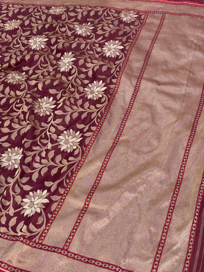 Wine Banarasi Pure Katan Silk Iktara Jamdani Saree
