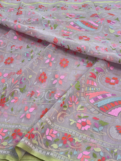 Mauve Pink Banarasi Pure Kora Iktara Real Zari Jamdani Saree