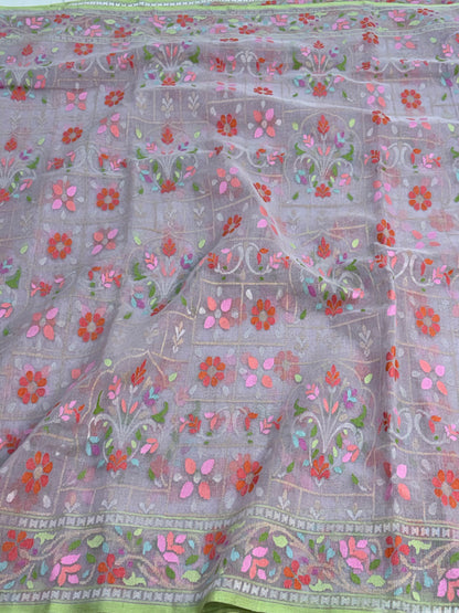 Mauve Pink Banarasi Pure Kora Iktara Real Zari Jamdani Saree