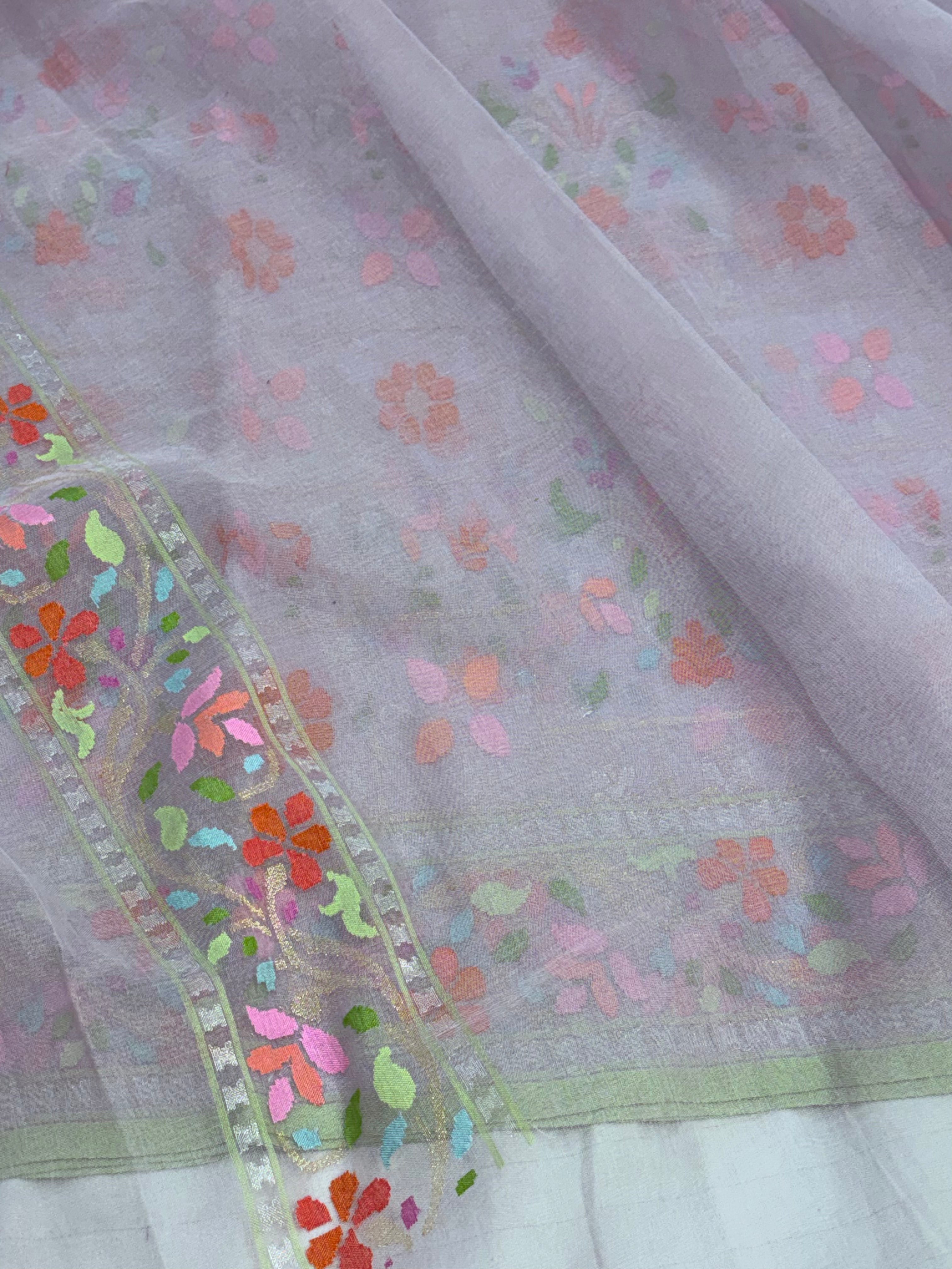 Mauve Pink Banarasi Pure Kora Iktara Real Zari Jamdani Saree