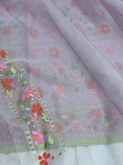 Mauve Pink Banarasi Pure Kora Iktara Real Zari Jamdani Saree