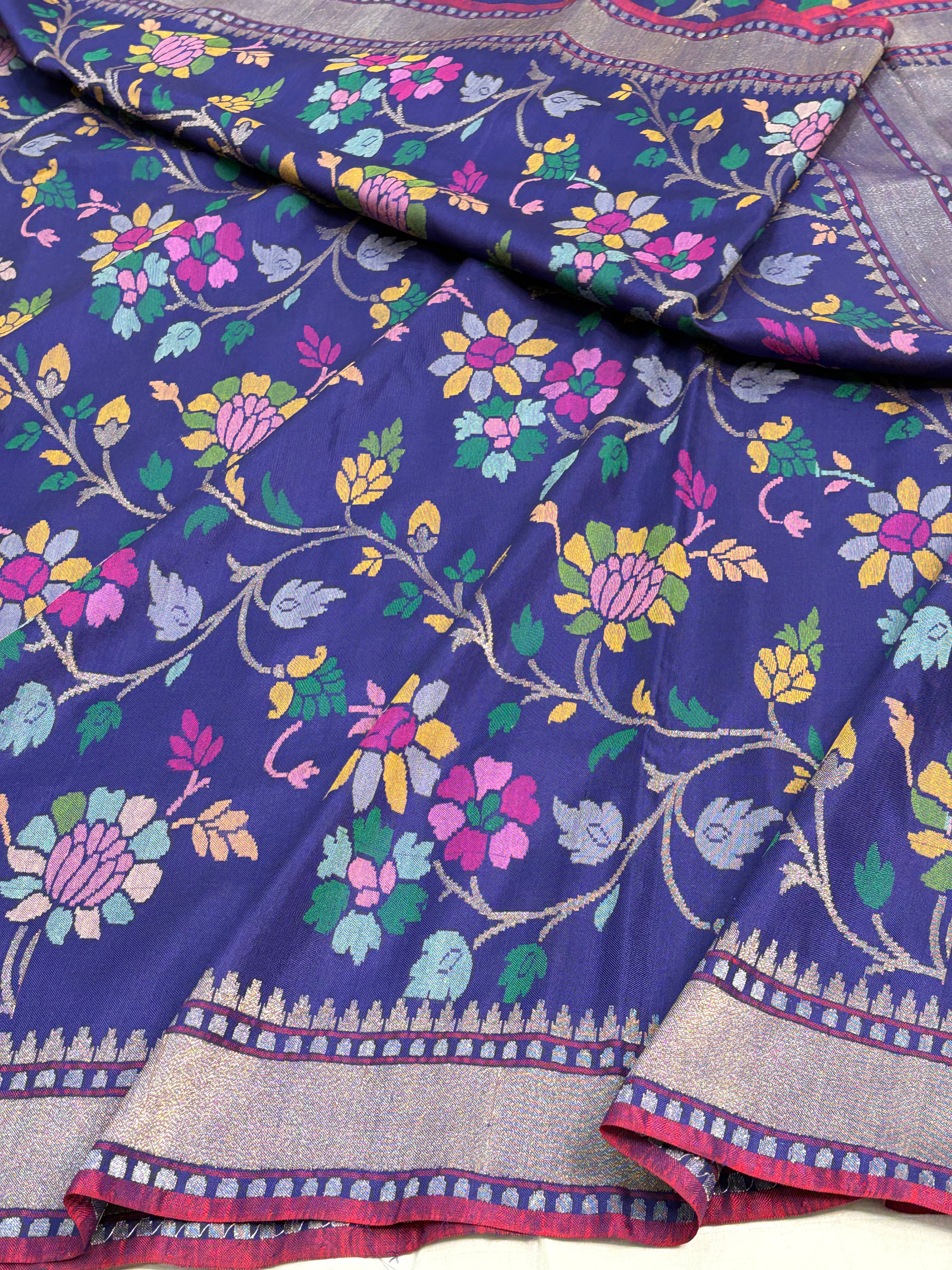 Real Zari Handwoven Nilambari Banarasi Jamdani Saree