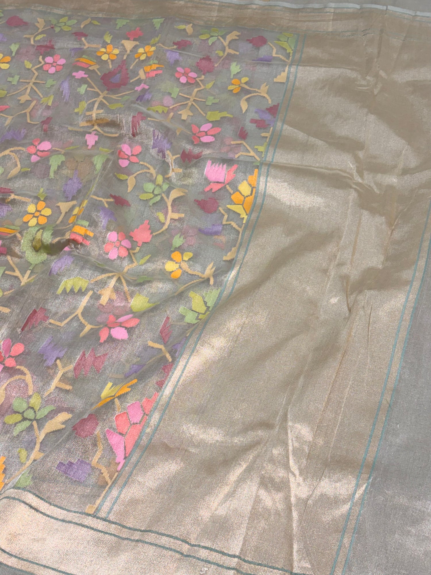 Real Zari Handwoven Grayish Blue Tissue Banarasi Saree