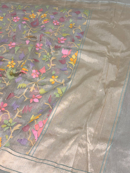 Real Zari Handwoven Grayish Blue Tissue Banarasi Saree