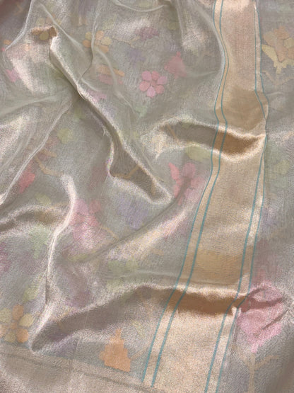 Real Zari Handwoven Grayish Blue Tissue Banarasi Saree