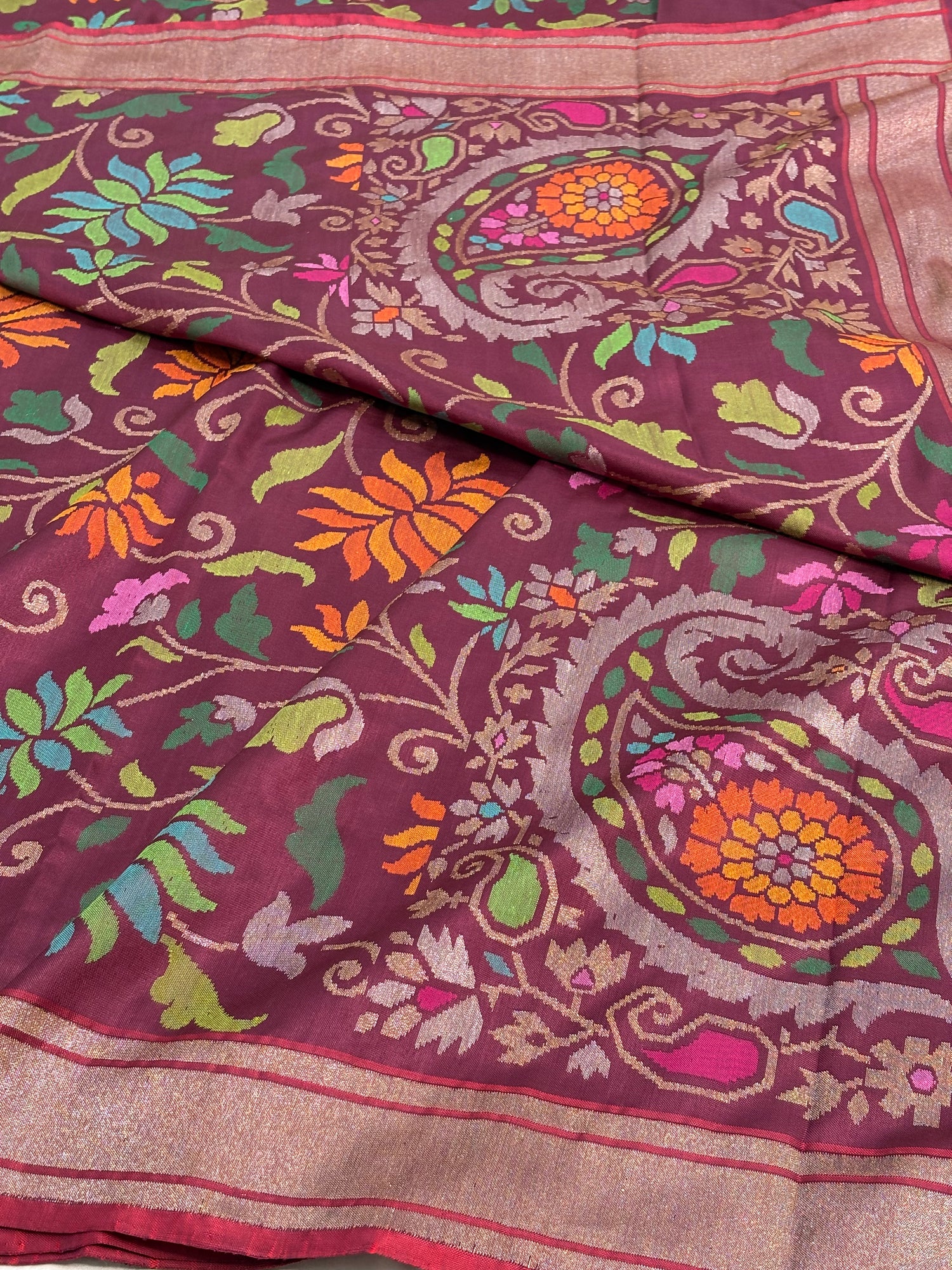 Wine Real Zari Handwoven Jamdani Banarasi Saree