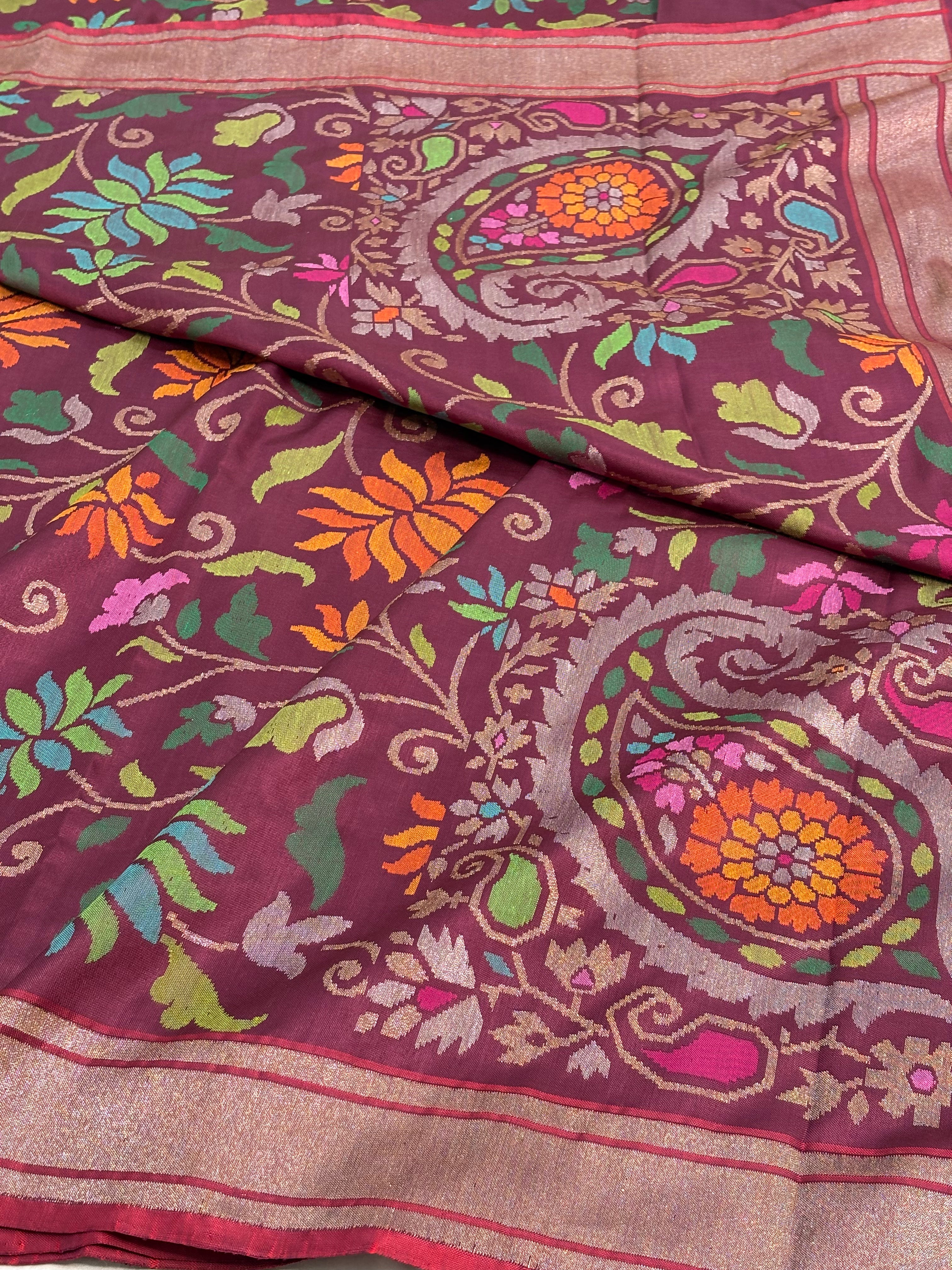 Wine Real Zari Handwoven Jamdani Banarasi Saree