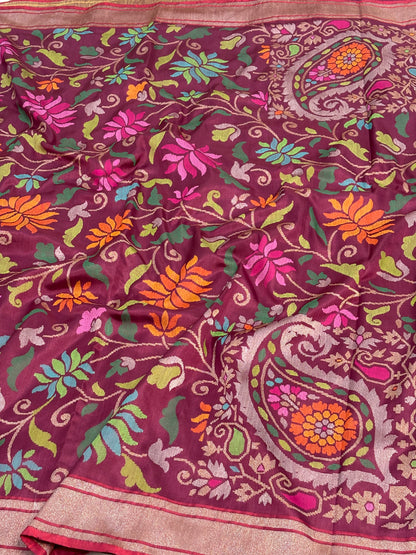 Wine Real Zari Handwoven Jamdani Banarasi Saree
