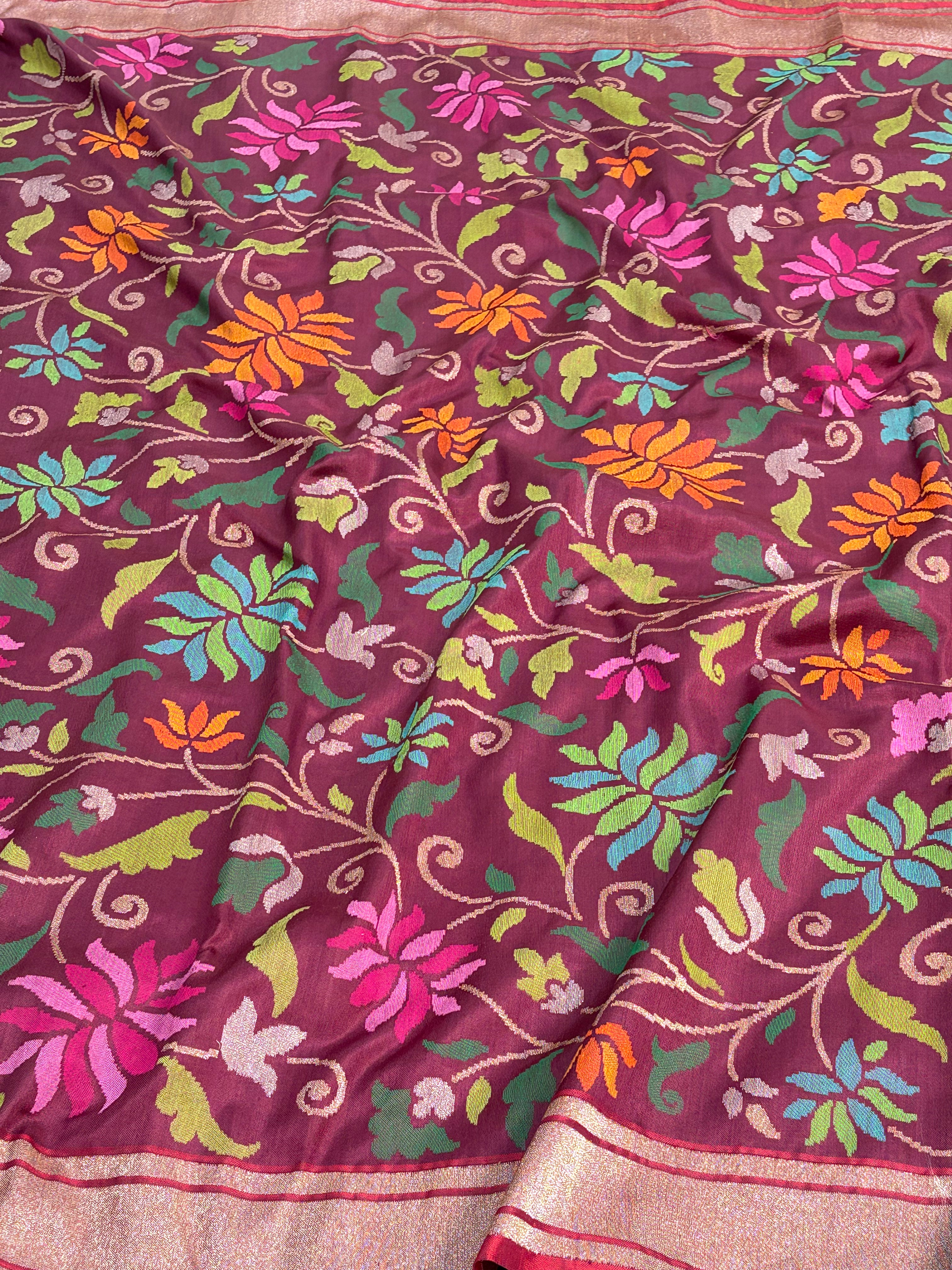 Wine Real Zari Handwoven Jamdani Banarasi Saree