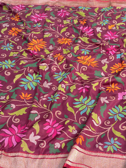 Wine Real Zari Handwoven Jamdani Banarasi Saree