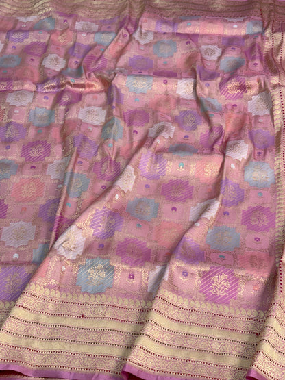 Pastel Rose Pink Banarasi Handwoven Pure Katan Silk Rangkaat Saree