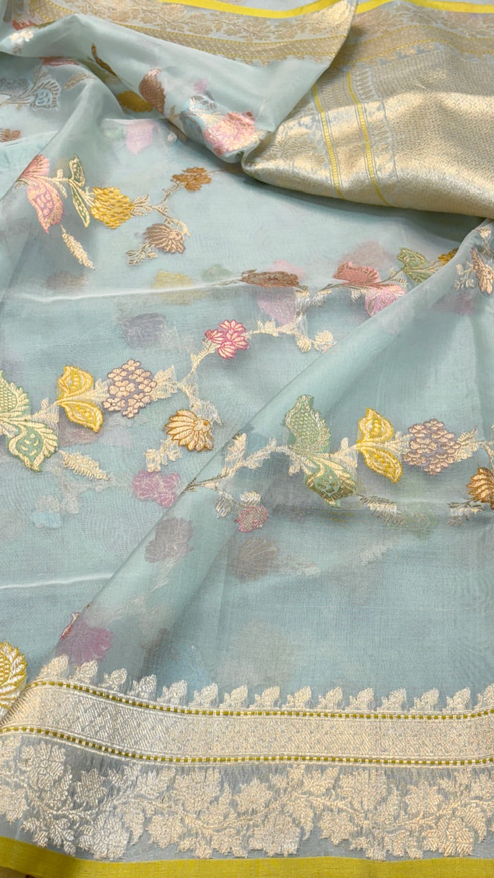 Pastel Blue Pure Banarasi Kora Handwoven Saree with Kadhwa Jaal Work