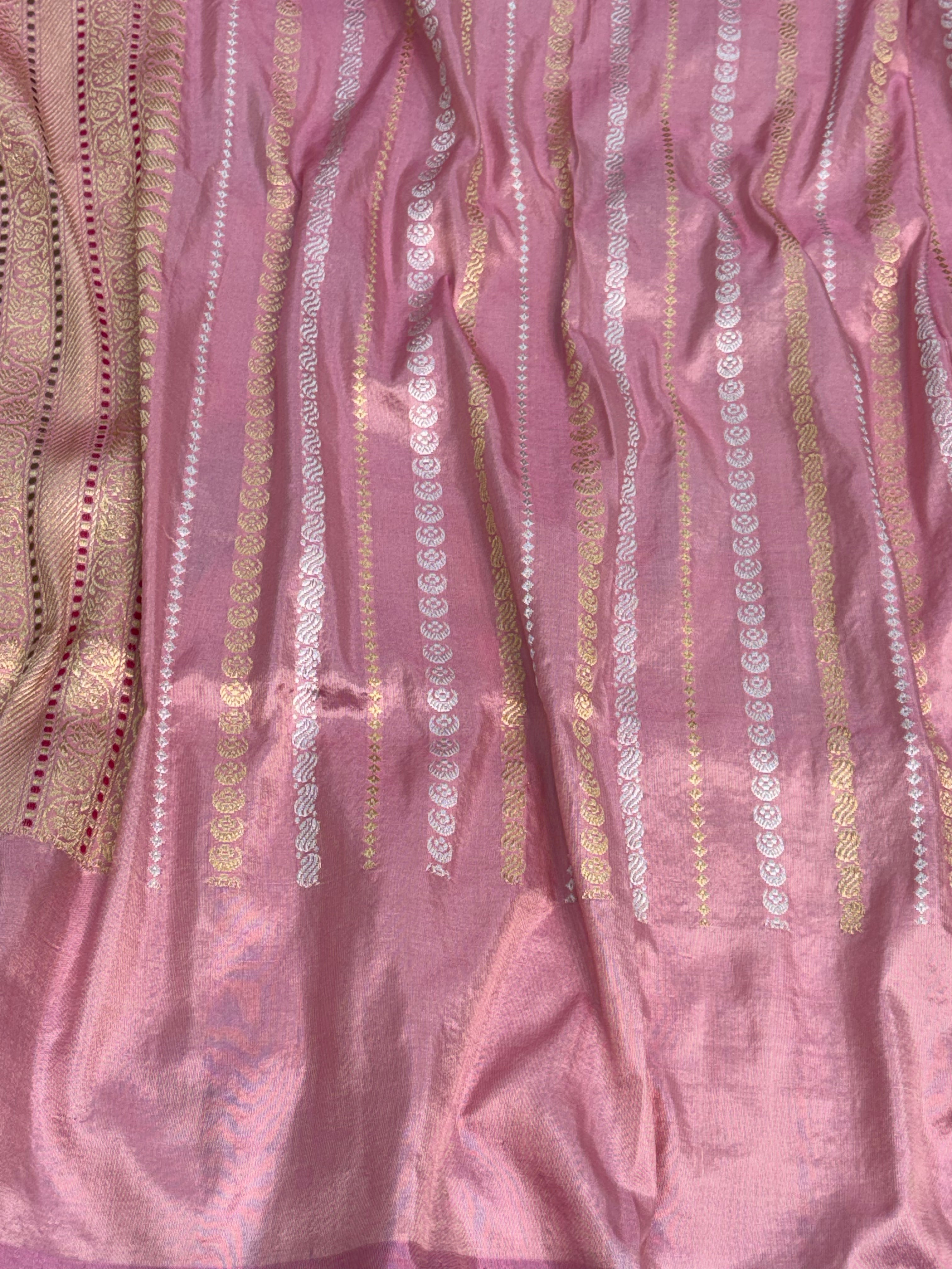 Pastel Rose Pink Banarasi Handwoven Pure Katan Silk Rangkaat Saree