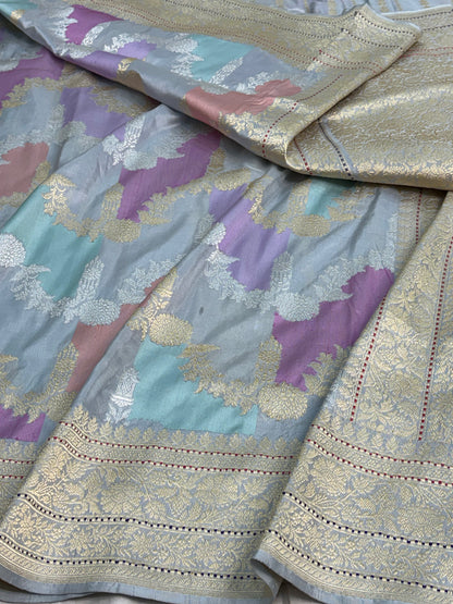 Teal Blue Pure Katan Silk Handwoven Rangkat Banarasi Saree