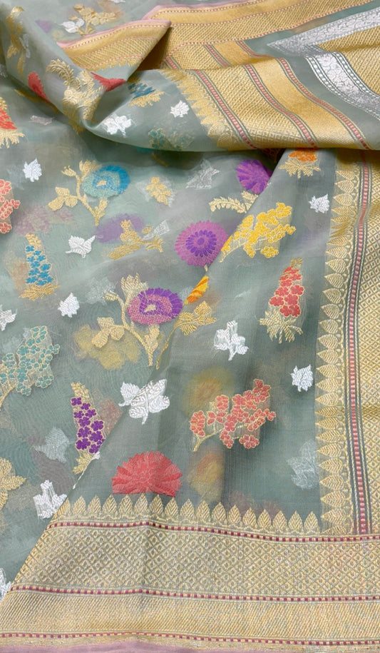 Pastel Organza Pure Banarasi Kora Handwoven Saree