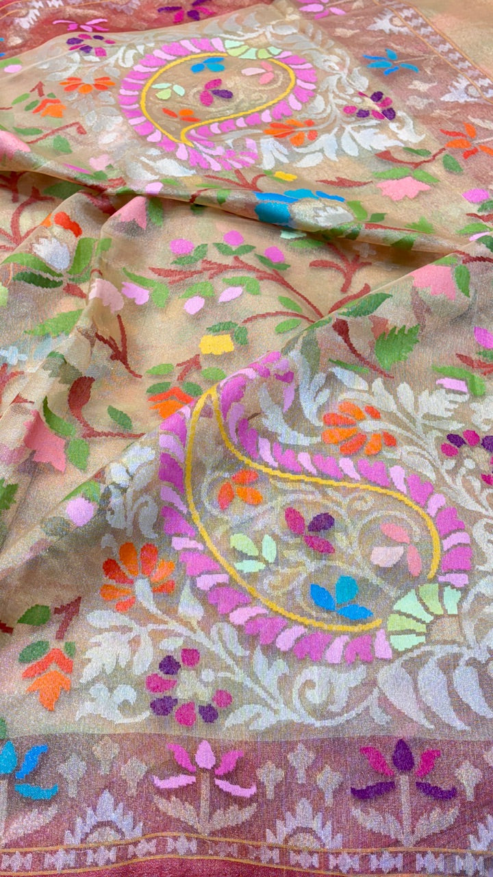 Beige Pure Banarasi Tissue Handwoven Saree with Real Zari