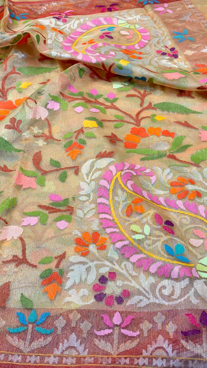 Beige Pure Banarasi Tissue Handwoven Saree with Real Zari