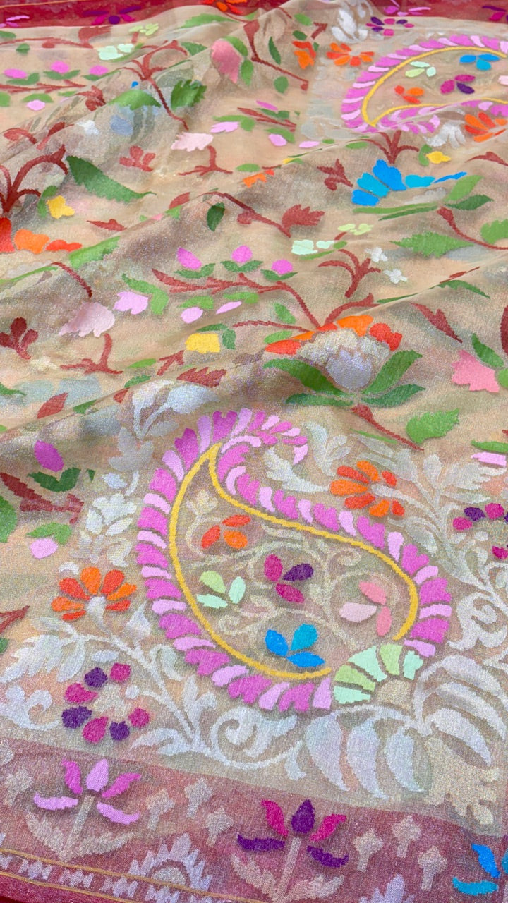 Beige Pure Banarasi Tissue Handwoven Saree with Real Zari