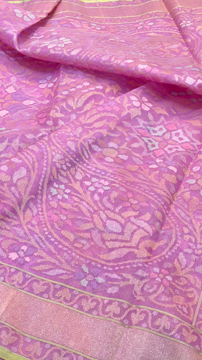 Lavender Pure Banarasi Kora Silk Handwoven Saree with Real Zari