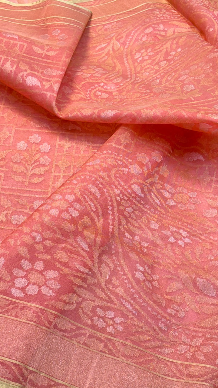 Peach Pure Banarasi Kora Silk Handwoven Saree