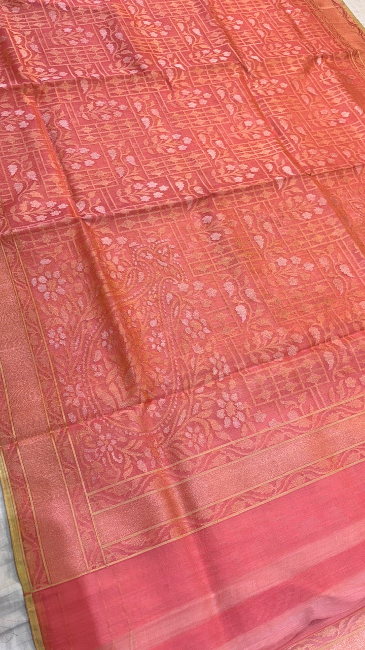 Peach Pure Banarasi Kora Silk Handwoven Saree