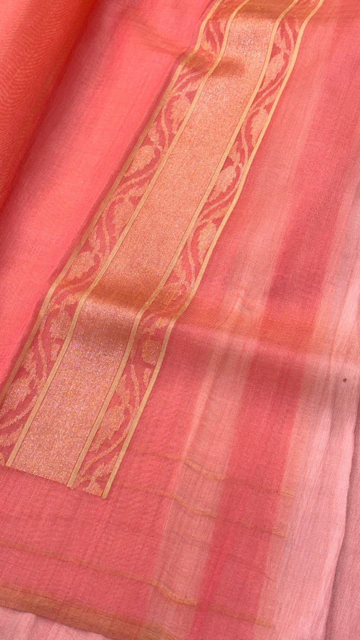 Peach Pure Banarasi Kora Silk Handwoven Saree