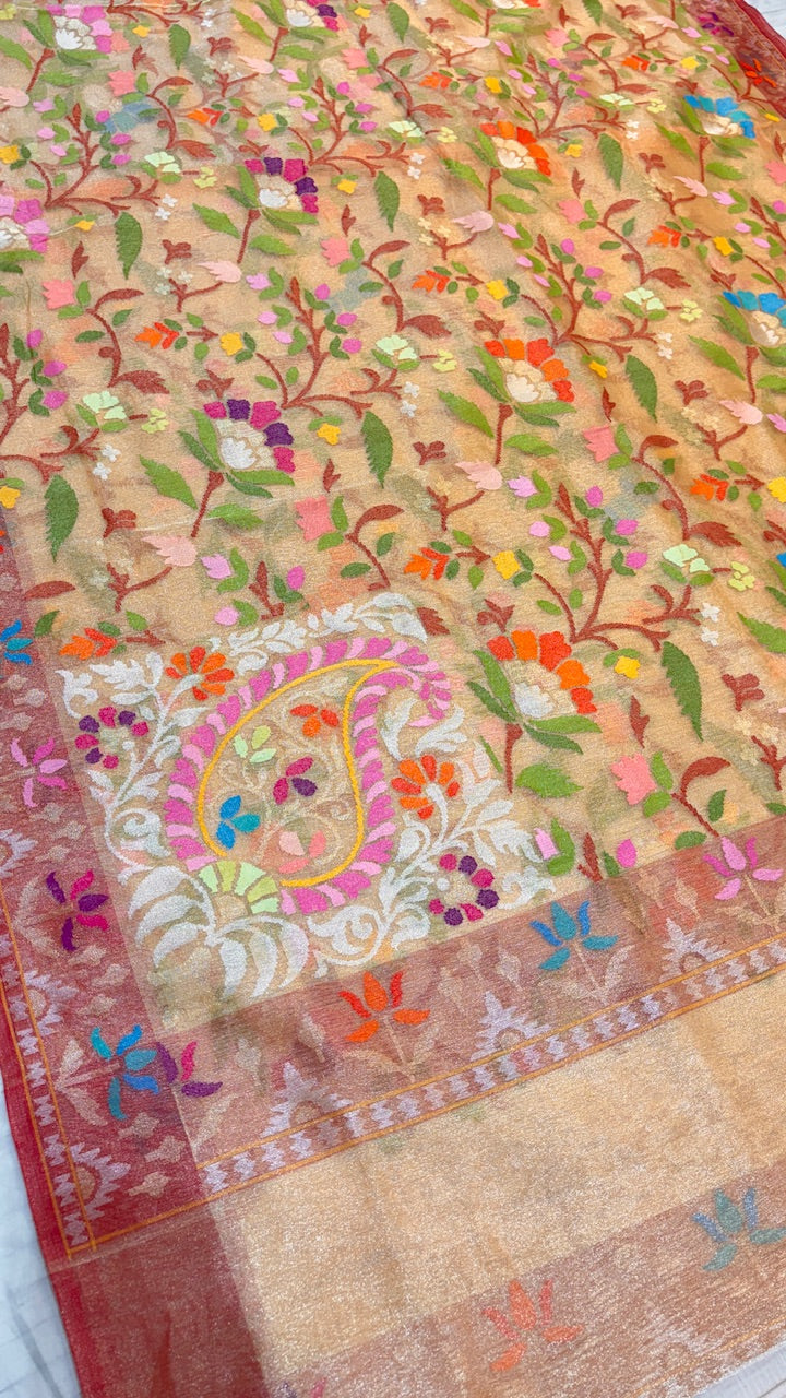 Beige Pure Banarasi Tissue Handwoven Saree with Real Zari