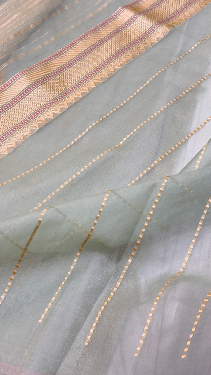 Pastel Organza Pure Banarasi Kora Handwoven Saree