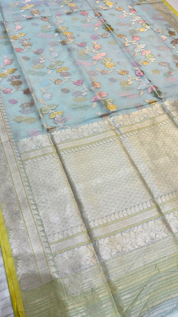 Pastel Blue Pure Banarasi Kora Handwoven Saree with Kadhwa Jaal Work