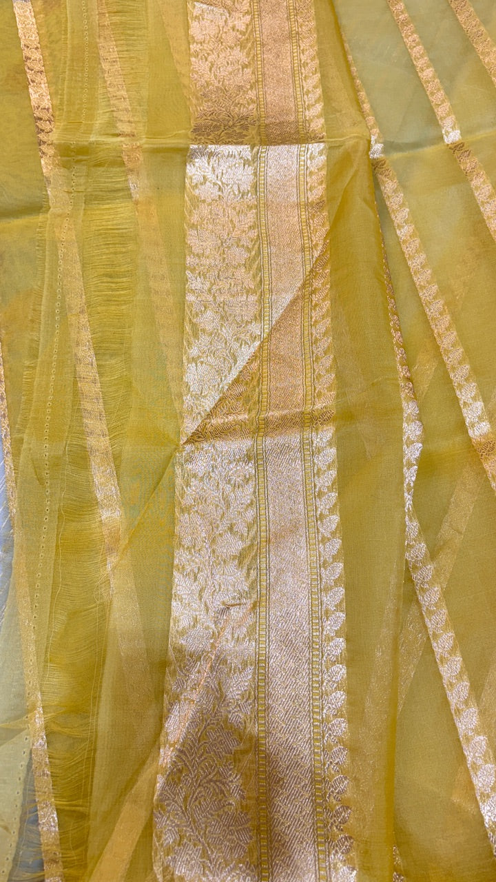 Pastel Blue Pure Banarasi Kora Handwoven Saree with Kadhwa Jaal Work