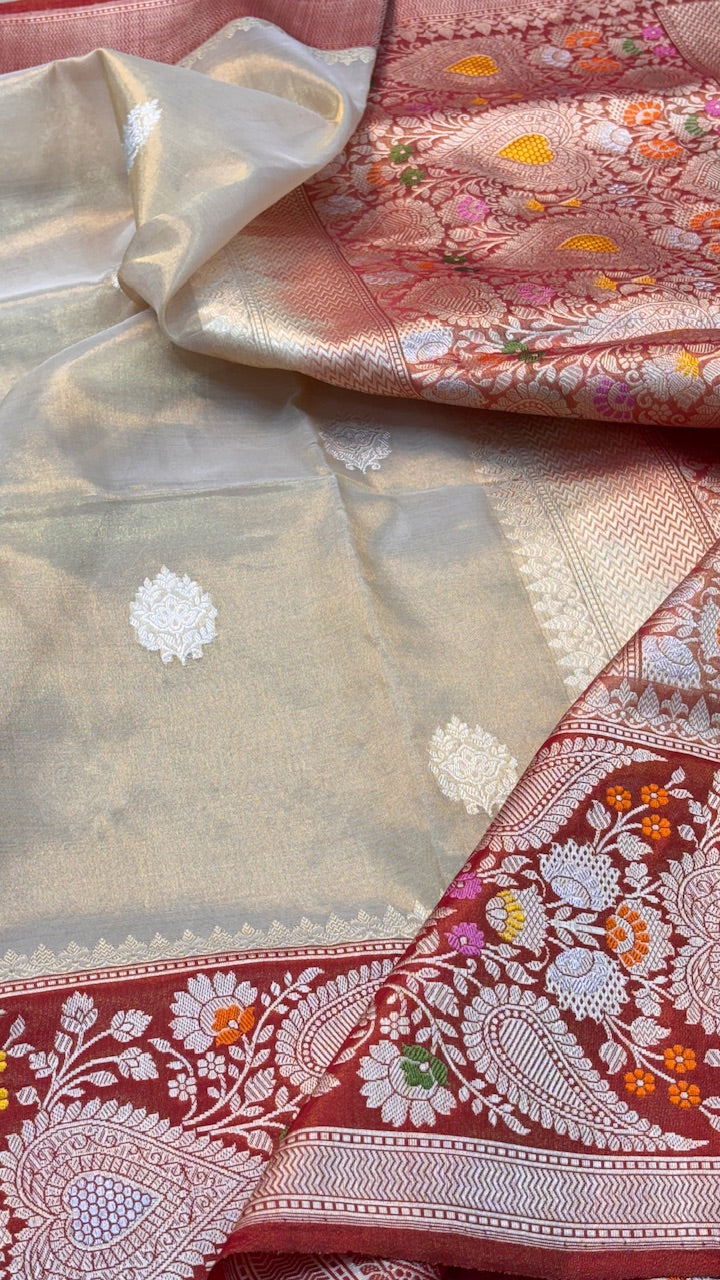 Beige Pure Banarasi Tissue Handwoven Saree with Maroon Border