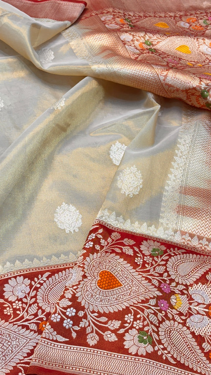 Beige Pure Banarasi Tissue Handwoven Saree with Maroon Border