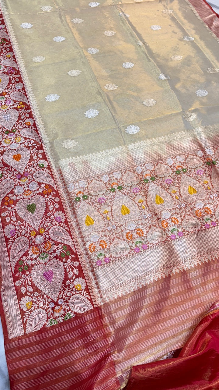 Beige Pure Banarasi Tissue Handwoven Saree with Maroon Border