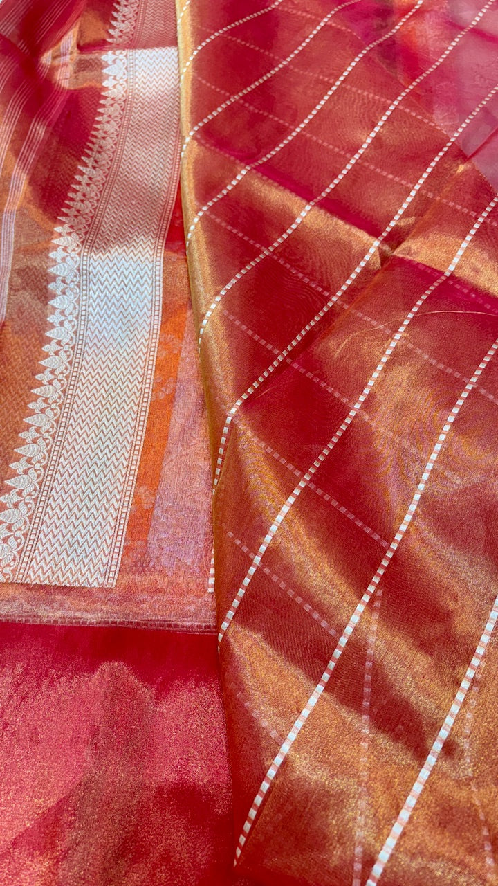Beige Pure Banarasi Tissue Handwoven Saree with Maroon Border