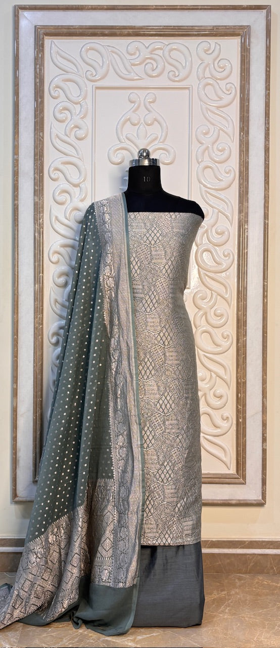 Dull Grey Banarasi Chiffon Georgette Suit