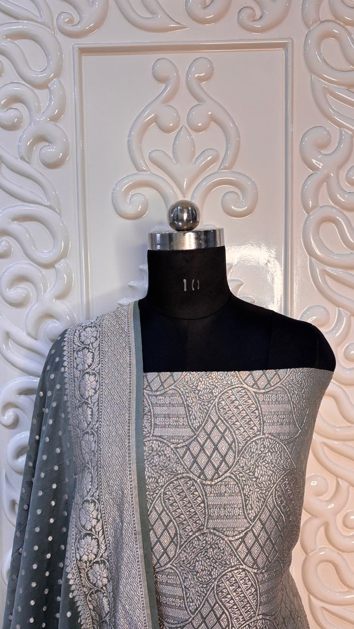Dull Grey Banarasi Chiffon Georgette Suit