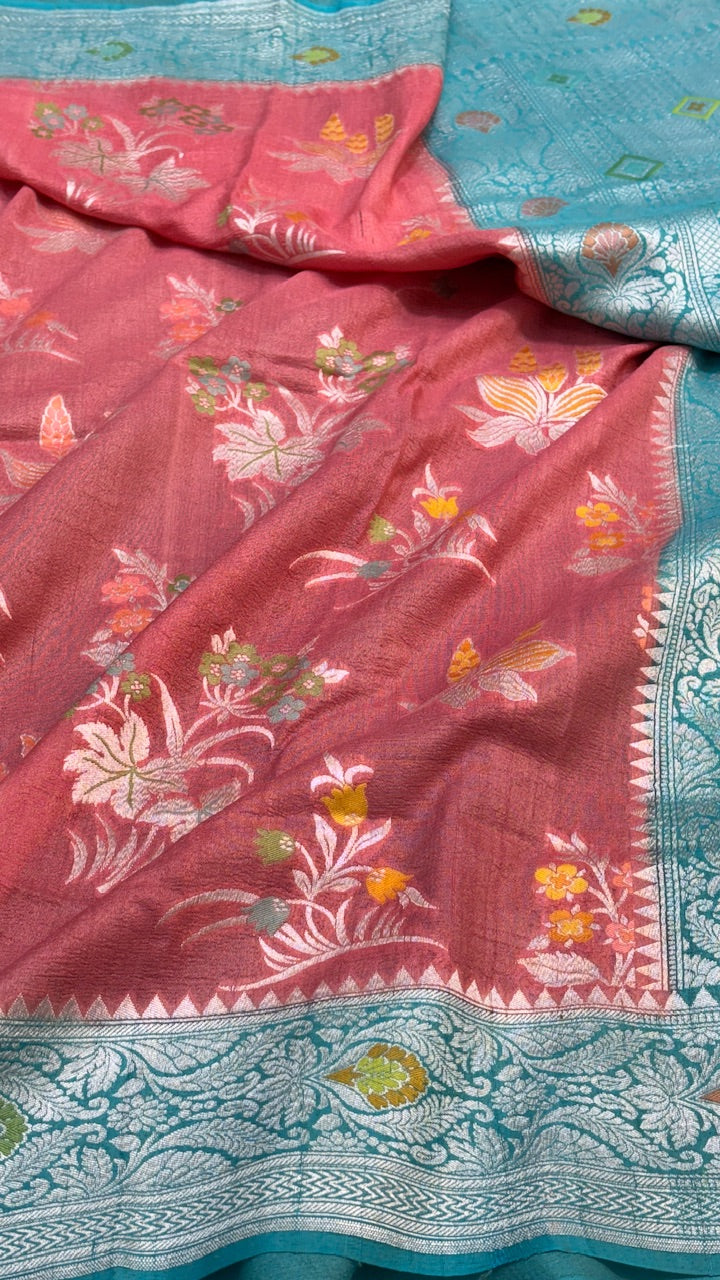 Red Pure Banarasi Tussar Handwoven Saree with Aqua Blue Border