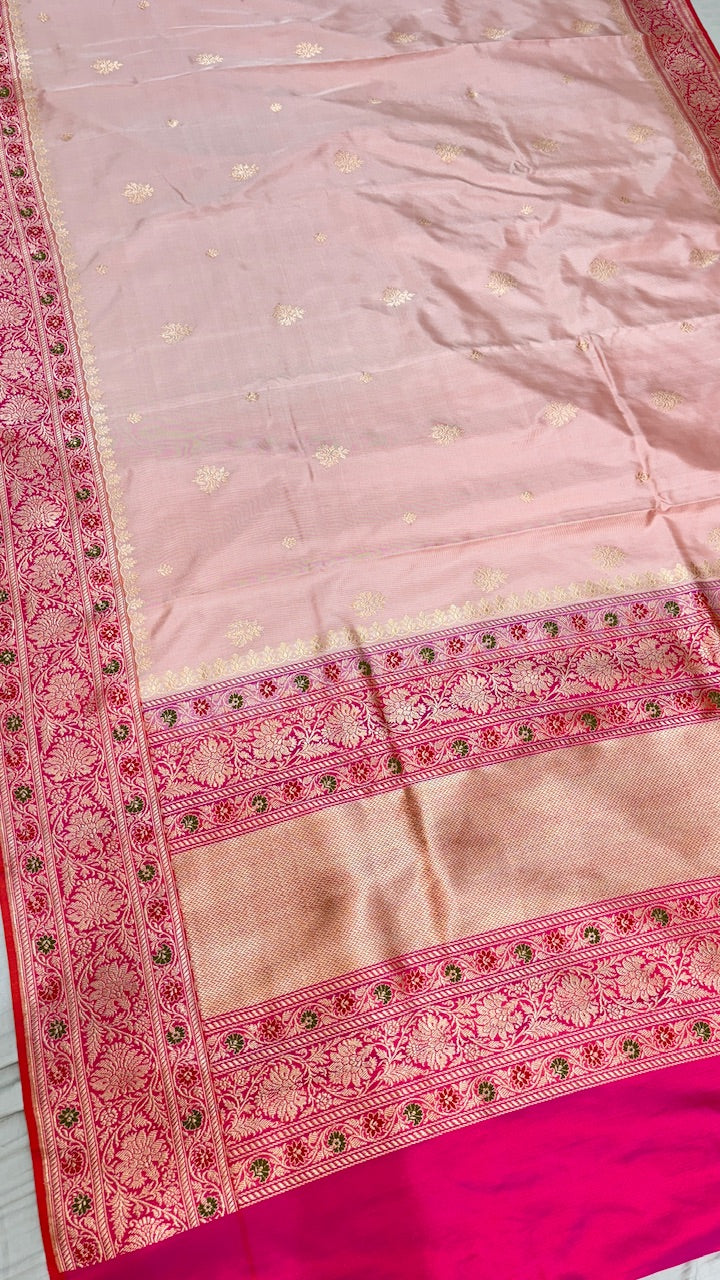 Pastel Peach Pure Banarasi Ektara  Silk Handwoven Saree